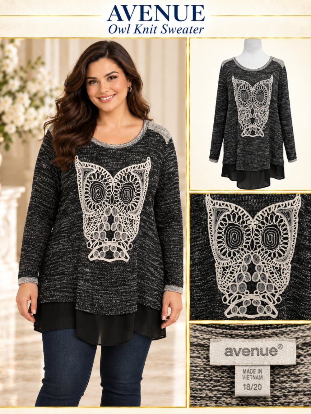 AVENUE Owl Sweater Plus Size 18/20 Charcoal Gray Black Cream Boho Cozy Knit